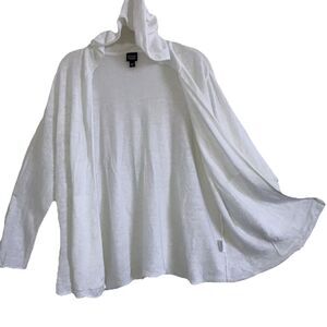 EILEEN FISHER L 100% Linen Knit Solid White Tunic Duster Hooded Over Top Cardiga